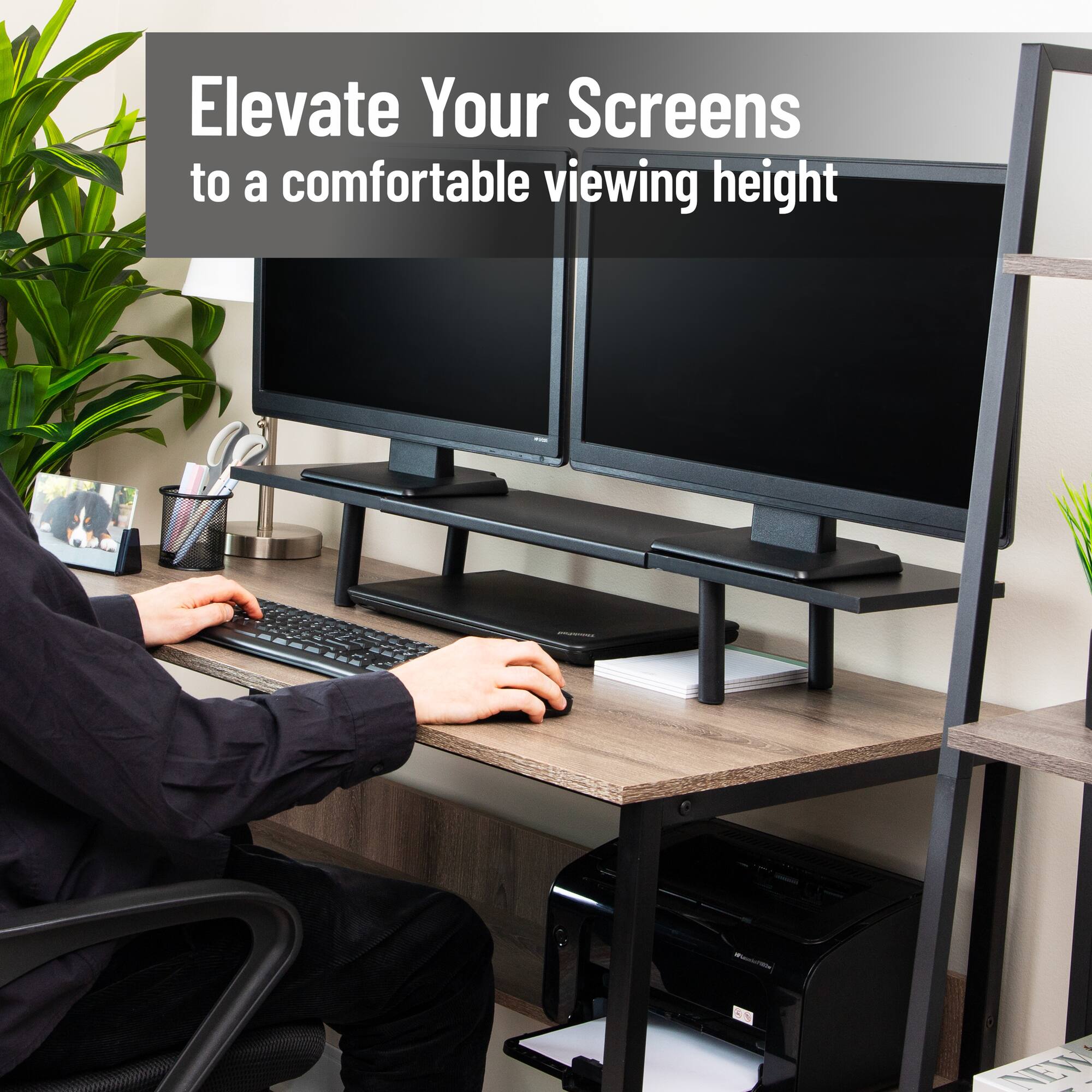 Mind Reader Extendable Monitor Stand, Adjustable Desktop Riser for Dual Monitors, Printers, Laptops, TV, 31.5–40 Inch Width, 88 lb Capacity, Metal and MDF Wood, Black